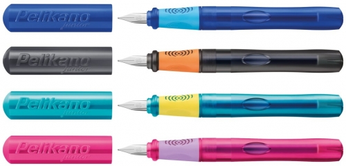 Stilou Junior, penita A, grip ergonomic, pentru dreptaci, 1 patron mare albastru inclus, culori asortate, display 12 buc Pelikan